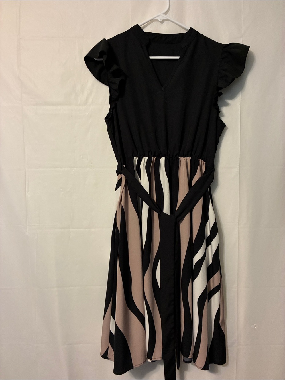 SHEIN Black Dress with Blush & White Stripe Midi. 95% polyester 5% elastane NWOT